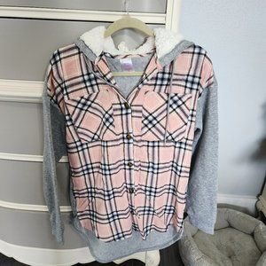 Plaid button-down shirt with sherpa hood